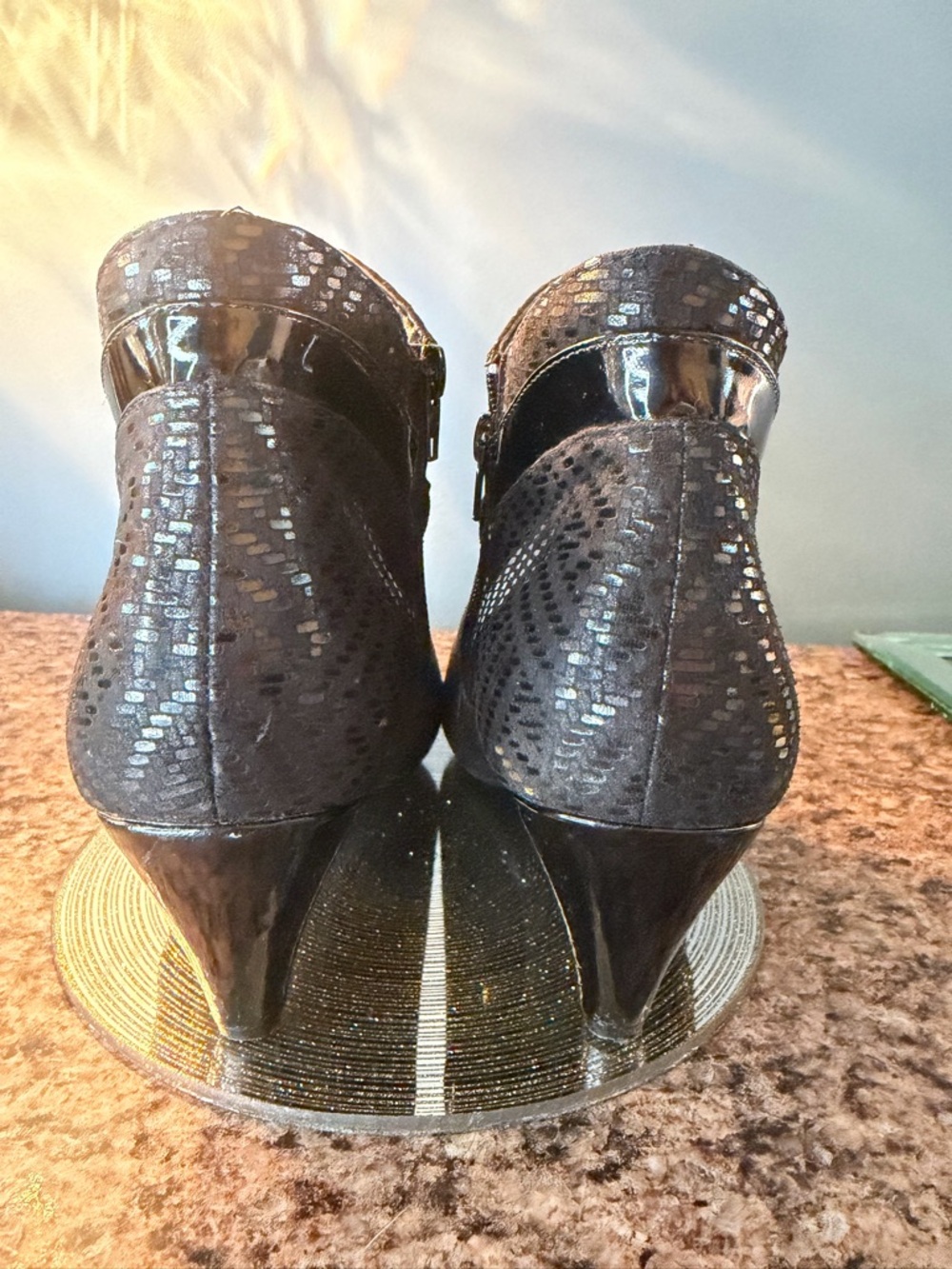 Karen Scott Black Sequined Ankle Heels with Patent Trim